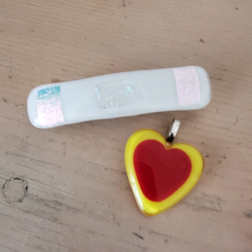 Handmade Dichroic Glass Foil Barrett Heart Pendant Made in France